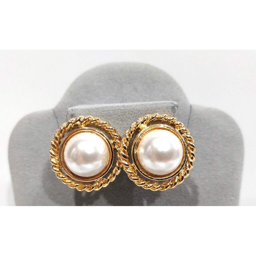 Earrings Gold Tone Faux Pearl Clip Ons VINTAGE